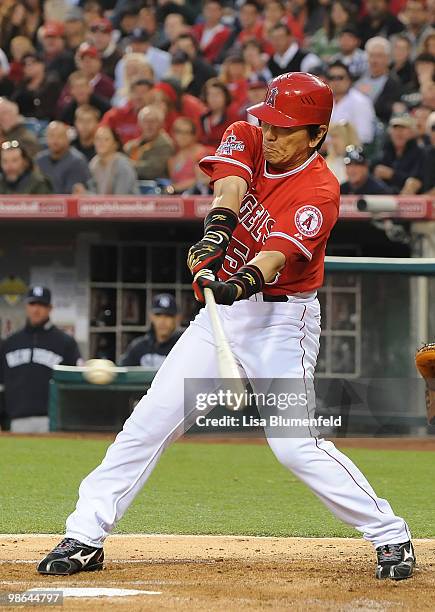 Hideki Matsui of the Los Angeles Angels of Anaheim at bat against the New York Yankees on April 23, 2010 in Anaheim, California.