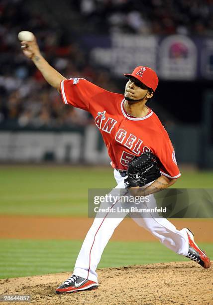 Ervin Santana of the Los Angeles Angels of Anaheim pitches against the New York Yankees on April 23, 2010 in Anaheim, California.