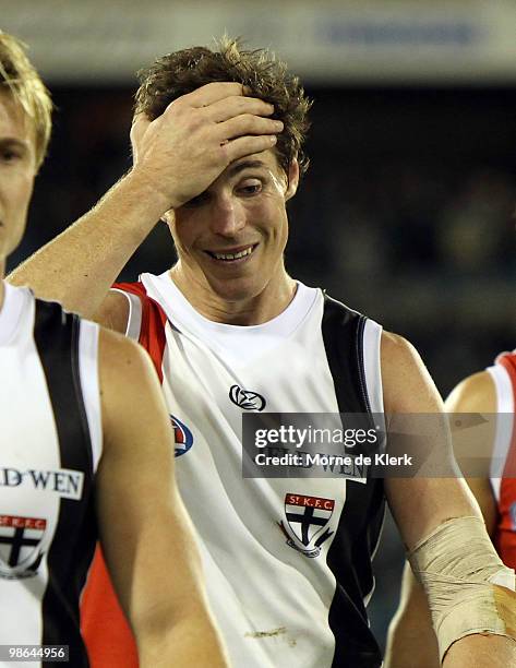 Lenny Hayes of the Saints leaves the field after losing the match during the round five AFL match between the Port Adelaide Power and the St Kilda...