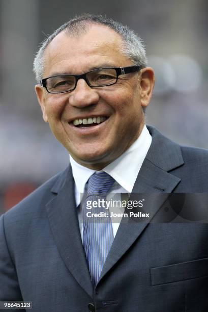 Head coach Felix Magath of Schalke is seen prior to the Bundesliga match between Hertha BSC Berlin and FC Schalke 04 at the Olympic stadium on April...