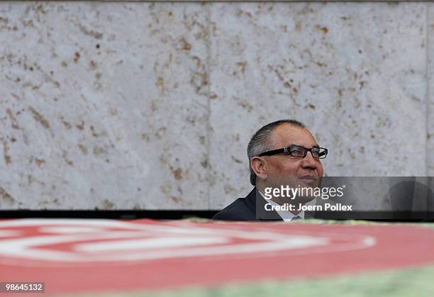 Head coach Felix Magath of Schalke is seen prior to the Bundesliga match between Hertha BSC Berlin and FC Schalke 04 at the Olympic stadium on April...