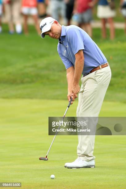 Bill Haas putts on the sixth green during the first round of the Quicken Loans National at TPC Potomac on June 28, 2018 in Potomac, Maryland.