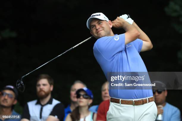 Bill Haas hits off the eighth tee during the first round of the Quicken Loans National at TPC Potomac on June 28, 2018 in Potomac, Maryland.