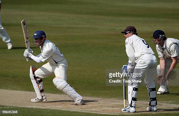 Joe Sayers of Yorkshire hits out during the LV County Championship match between Kent and Yorkshire at St Lawrence Ground on April 24, 2010 in...