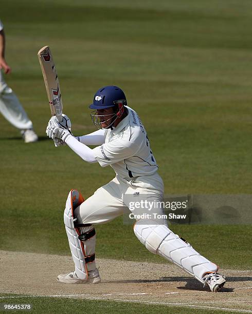 Joe Sayers of Yorkshire hits out during the LV County Championship match between Kent and Yorkshire at St Lawrence Ground on April 24, 2010 in...