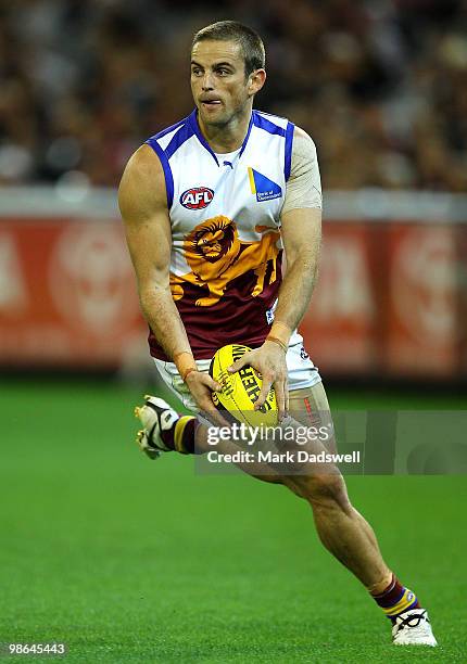 Joel Patfull of the Lions looks for a teammate during the round five AFL match between the Melbourne Demons and the Brisbane Lions at Melbourne...