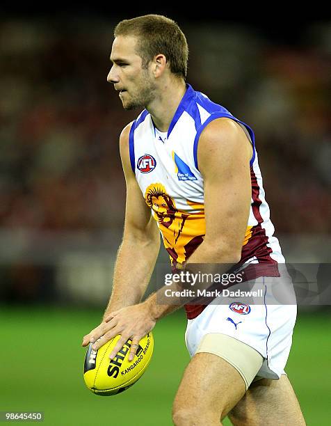 Jared Brennan of the Lions looks for a teammate during the round five AFL match between the Melbourne Demons and the Brisbane Lions at Melbourne...