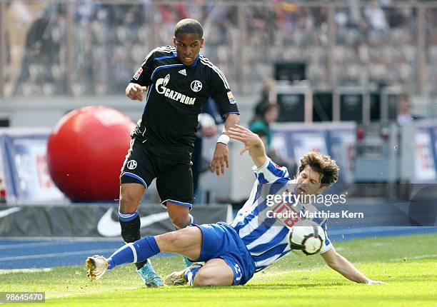 Levan Kobiashvili of Berlin battles for the ball with Jefferson Farfan of Schalke during the Bundesliga match between Hertha BSC Berlin and FC...