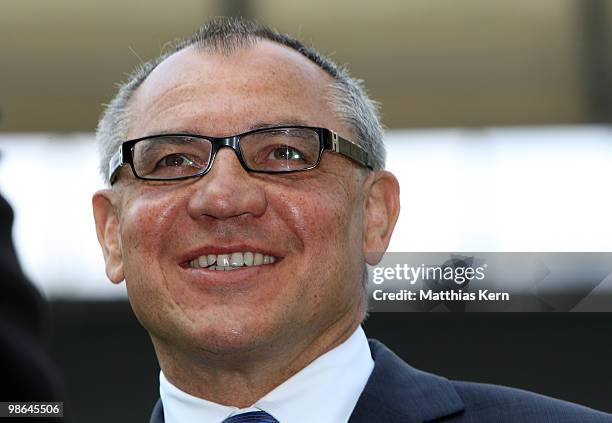 Head coach Felix Magath of Schalke is seen prior to the Bundesliga match between Hertha BSC Berlin and FC Schalke 04 at Olympic Stadium on April 24,...