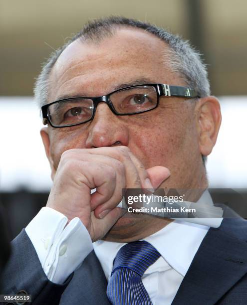 Head coach Felix Magath of Schalke is seen prior to the Bundesliga match between Hertha BSC Berlin and FC Schalke 04 at Olympic Stadium on April 24,...