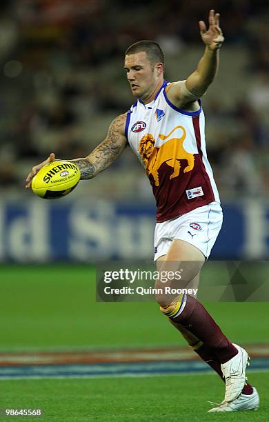 Mitch Clark of the Lions kicks during the round five AFL match between the Melbourne Demons and the Brisbane Lions at Melbourne Cricket Ground on...