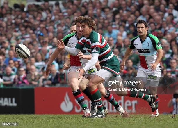 Toby Flood of Leicester passes the ball during the Guinness Premiership match between Leicester Tigers and Harlequins at Welford Road on April 24,...