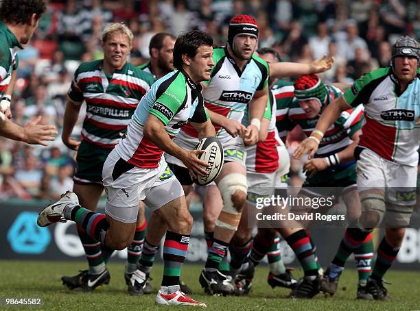 Danny Care of Harlequins makes a break during the Guinness Premiership match between Leicester Tigers and Harlequins at Welford Road on April 24,...