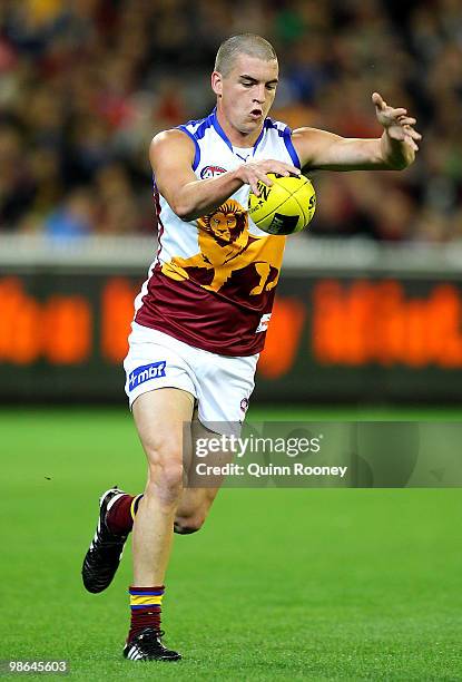 Tom Rockliff of the Lions kicks during the round five AFL match between the Melbourne Demons and the Brisbane Lions at Melbourne Cricket Ground on...