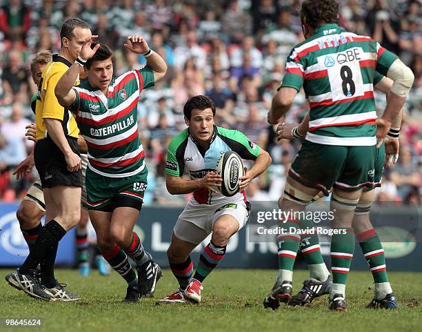 Danny Care of Harlequins breaks away from his opposite number Ben Youngs during the Guinness Premiership match between Leicester Tigers and...