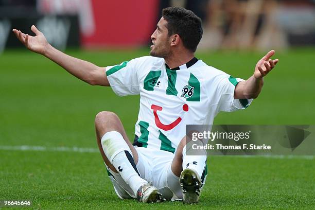 Karim Haggui of Hannover looks dejected during the Bundesliga match between Bayer Leverkusen and Hannover 96 at BayArena on April 24, 2010 in...