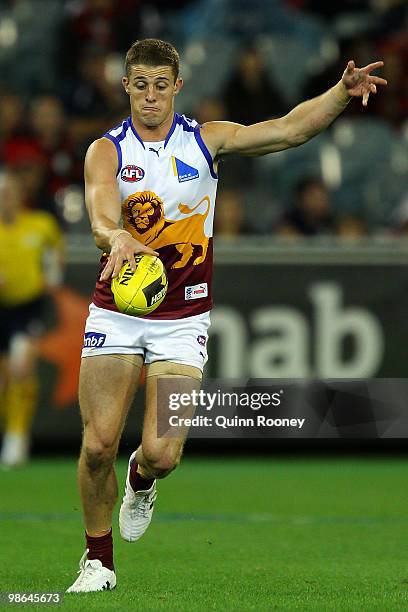 Matt Maguire of the Lions kicks during the round five AFL match between the Melbourne Demons and the Brisbane Lions at Melbourne Cricket Ground on...