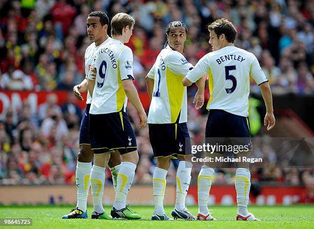 Benoit Assou-Ekotto of Tottenham Hotspur looks back as he takes his place in the wall during the Barclays Premier League match between Manchester...