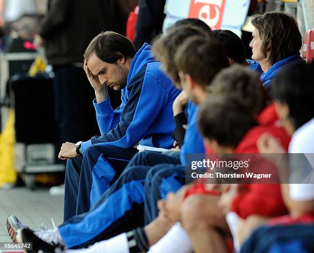 Head coach Thomas Tuchel of Mainz looks dejected during the Bundesliga match between FSV Mainz 05 and Eintracht Frankfurt at Bruchweg Stadium on...