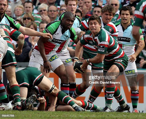 Ben Youngs of Leicester passes the ball during the Guinness Premiership match between Leicester Tigers and Harlequins at Welford Road on April 24,...