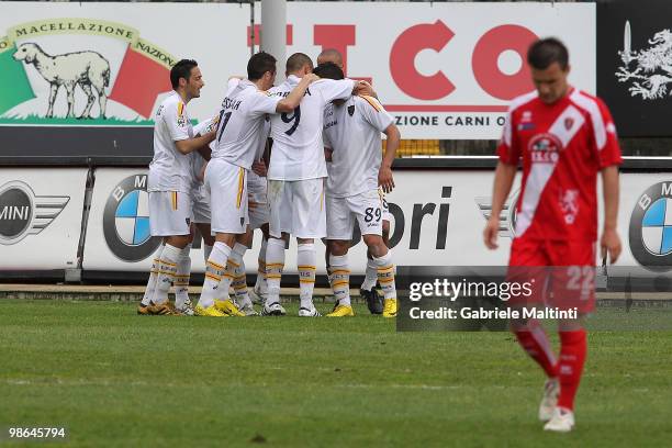 Lecce players celebrate a goal scored by Mariano Angelo during the Serie B match between US Grosseto FC and US Lecce at Stadio Olimpico on April 24,...