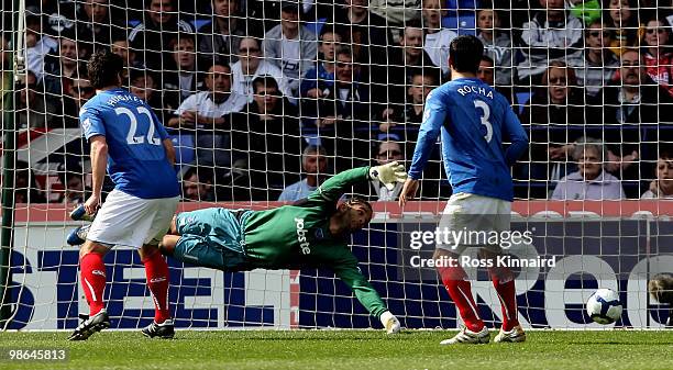 David James of Portsmouth fail to stop Ivan Klasnic's effort from going in the net during the Barclays Preimer League match between Bolton Wanderers...