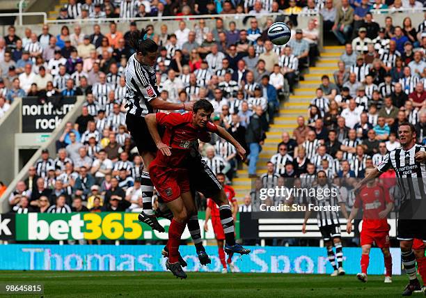 Newcastle striker Andy Carroll heads in the first Newcastle goal during the Coca Cola Championship match between Newcastle United and Ipswich Town at...