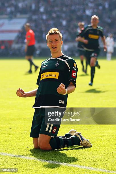 Marco Reus of Moenchengladbach celebrates scoring the first goal during the Bundesliga match between Borussia Moenchengladbach and FC Bayern Muenchen...