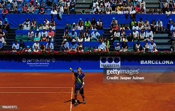 Fernando Verdasco of Spain serves the ball to his fellow countryman David Ferrer during the semi final match on day six of the ATP 500 World Tour...