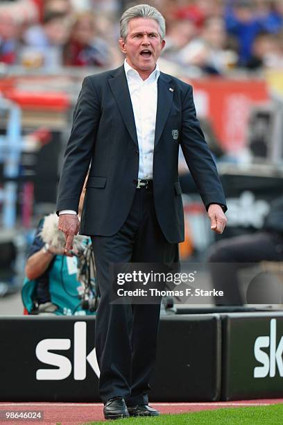 Head coach Jupp Heynckes of Leverkusen reacts during the Bundesliga match between Bayer Leverkusen and Hannover 96 at BayArena on April 24, 2010 in...