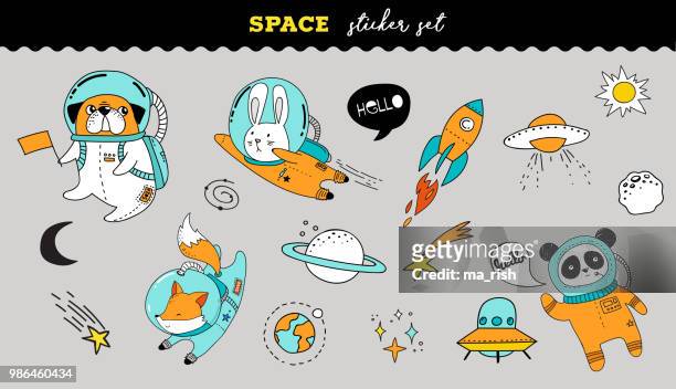 Outer Space sticker collection. Cute animals illustrations
