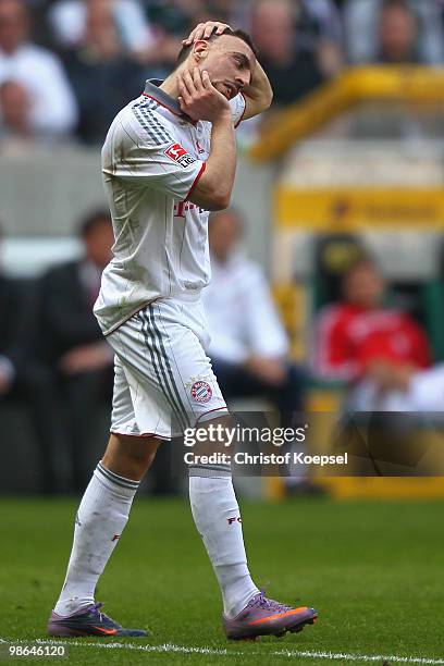 Franck Ribery of Bayern looks thoughtful during the Bundesliga match between Borussia Moenchengladbach and FC Bayern Muenchen at Borussia Park on...