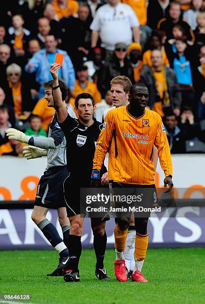 Jozy Altidore of Hull City is sent off during the Barclays Premier League match between Hull City and Sunderland at the KC Stadium on April 24, 2010...