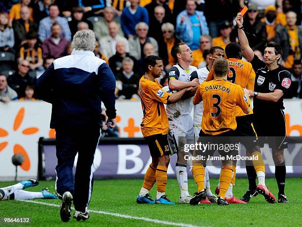Jozy Altidore of Hull City is sent off during the Barclays Premier League match between Hull City and Sunderland at the KC Stadium on April 24, 2010...