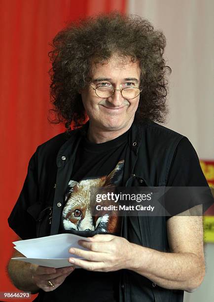 Brian May, founding member of the rock band Queen, speaks at meeting at the Royal British Legion on April 24, 2010 in Keynsham, England. The...