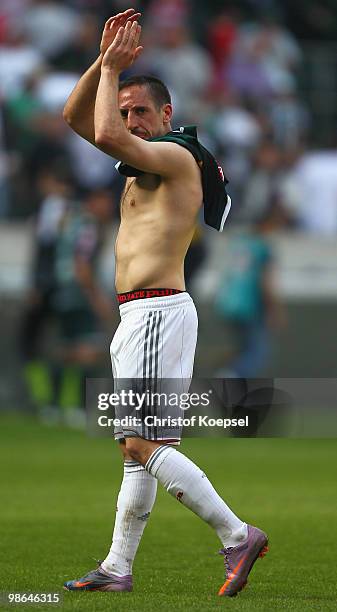 Franck Ribery of Bayern looks dejected after the 1-1 draw of the Bundesliga match between Borussia Moenchengladbach and FC Bayern Muenchen at...