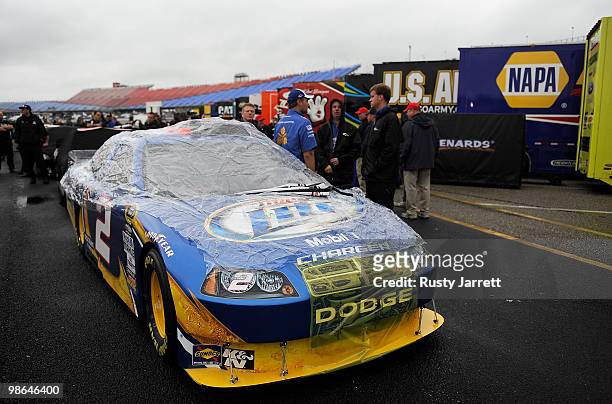 The Miller Lite Dodge driven by Kurt Busch sits in the garage area as all track activities are haulted at Talladega Superspeedway on April 24, 2010...