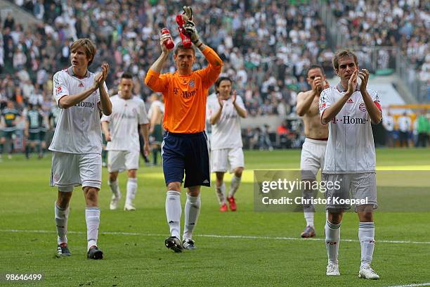 Holger Badstuber, Hans-Joerg Butt, Daniel Pranjic, Franck Ribery and Philipp Lahm of Bayern look dejected after the 1-1 draw of the Bundesliga match...