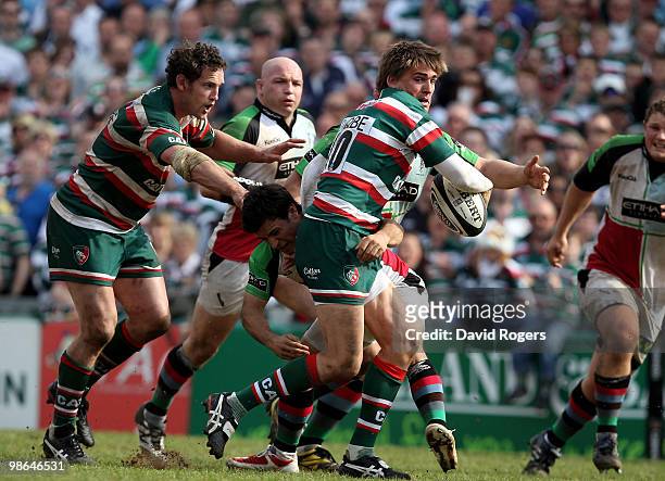 Toby Flood of Leicester passes the ball during the Guinness Premiership match between Leicester Tigers and Harlequins at Welford Road on April 24,...