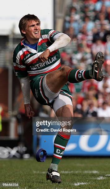 Toby Flood of Leicester kicks a penalty during the Guinness Premiership match between Leicester Tigers and Harlequins at Welford Road on April 24,...