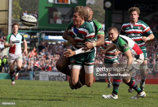 Toby Flood of Leicester passes the ball during the Guinness Premiership match between Leicester Tigers and Harlequins at Welford Road on April 24,...