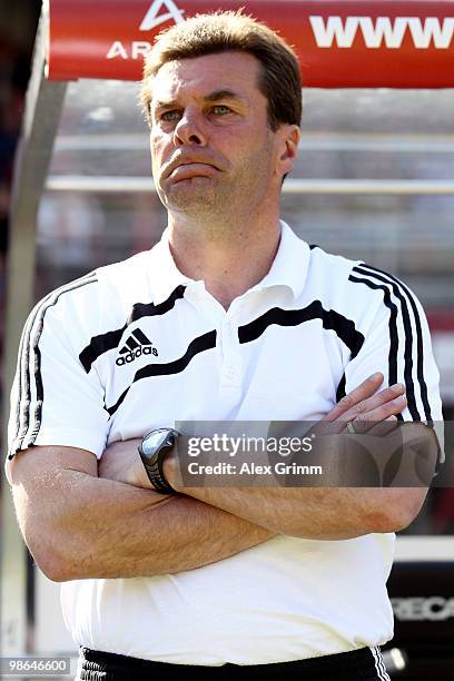 Head coach Dieter Hecking of Nuernberg frowns before the Bundesliga match between 1. FC Nuernberg and Borussia Dortmund at the Easy Credit Stadium on...