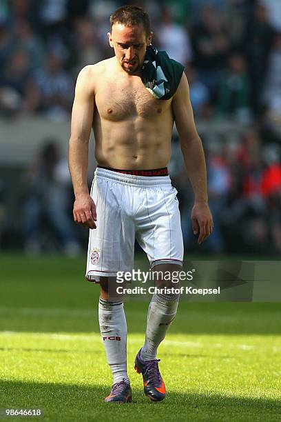 Franck Ribery of Bayern looks dejected after the 1-1 draw of the Bundesliga match between Borussia Moenchengladbach and FC Bayern Muenchen at...