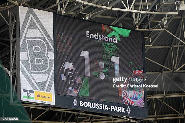 The video board shows the result of the Bundesliga match between Borussia Moenchengladbach and FC Bayern Muenchen at Borussia Park on April 24, 2010...