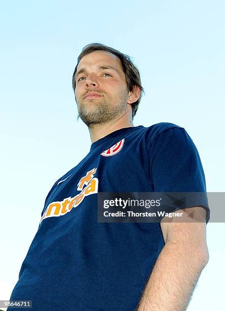 Head coach Thomas Tuchel of Mainz looks on prior to the Bundesliga match between FSV Mainz 05 and Eintracht Frankfurt at Bruchweg Stadium on April...