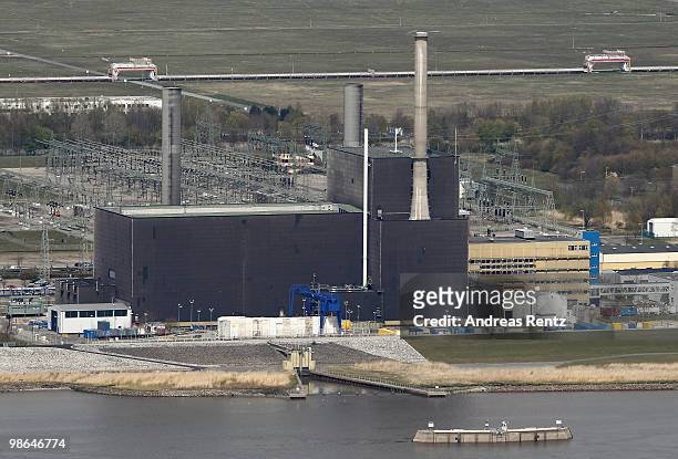 In this aerial view the Brunsbuettel nuclear power plant is pictured on April 24, 2010 in Brunsbuettel, Germany. Newsmakers report that 120.000...