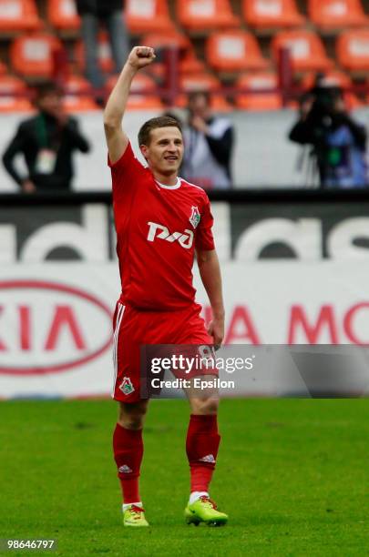 Oleksandr Aliyev of FC Lokomotiv Moscow celebrates after scoring a goal during the Russian Football League Championship match between FC Lokomotiv...