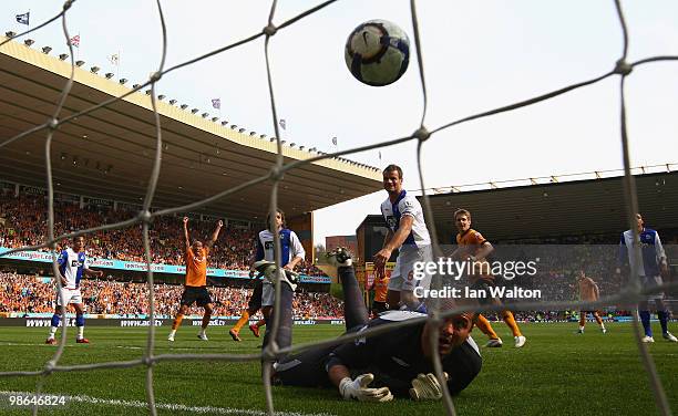 Sylvan Ebanks-Blake of Wolverhampton Wanderers scores a goal a goal during the Barclays Premier League match between Wolverhampton Wanderers and...