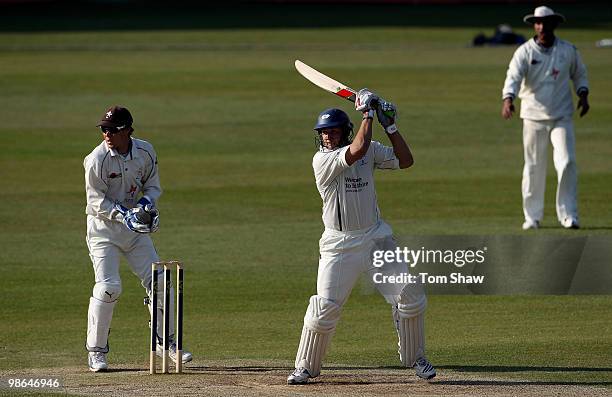 Tim Bresnan of Yorkshire hits out during the LV County Championship match between Kent and Yorkshire at St Lawrence Ground on April 24, 2010 in...