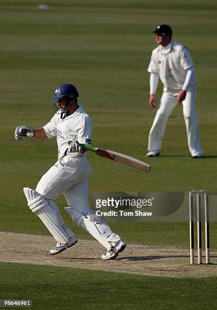 Tim Bresnan of Yorkshire hits out during the LV County Championship match between Kent and Yorkshire at St Lawrence Ground on April 24, 2010 in...